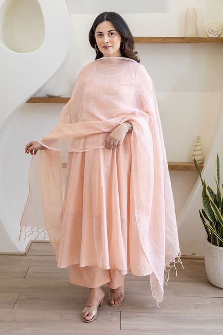 Buy ASRUMO Peach Cotton Embroidery Round Neck Blush Mulmul Anarkali Set Online at Aza Fashions Buy_ASRUMO_Peach Cotton Embroidery Round Neck Blush Mulmul Anarkali Set _Online_at_Aza_Fashions