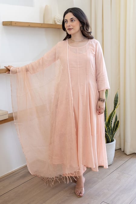 Shop ASRUMO Peach Cotton Embroidery Round Neck Blush Mulmul Anarkali Set Online at Aza Fashions Shop_ASRUMO_Peach Cotton Embroidery Round Neck Blush Mulmul Anarkali Set _Online_at_Aza_Fashions