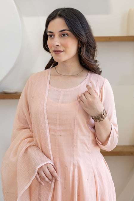 ASRUMO Peach Cotton Embroidery Round Neck Blush Mulmul Anarkali Set at Aza Fashions ASRUMO_Peach Cotton Embroidery Round Neck Blush Mulmul Anarkali Set _at_Aza_Fashions
