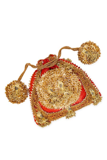 5elements_Orange Embroidery, Tassels Designer Mayra Peach Potli Bag _Online_at_Aza_Fashions