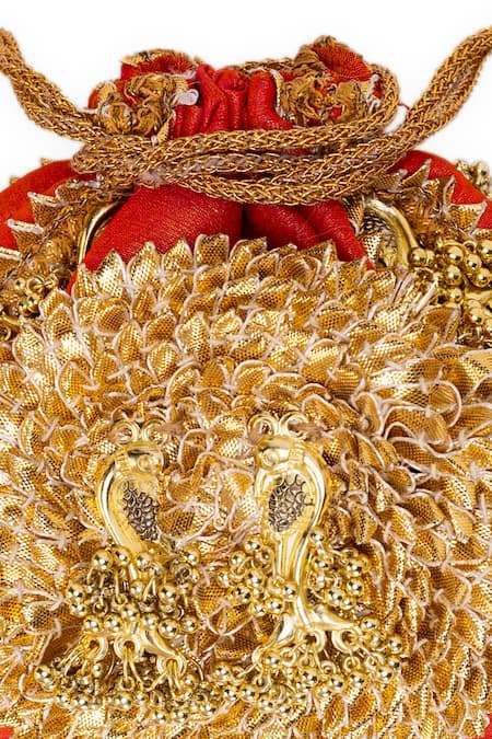 5elements_Orange Embroidery, Tassels Designer Mayra Peach Potli Bag _at_Aza_Fashions