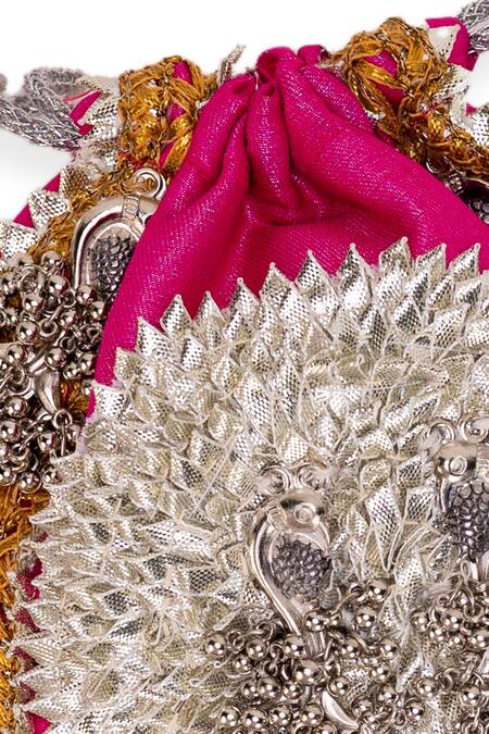Shop 5elements Pink Embroidery, Zari Designer Potli Bag Online at Aza Fashions Shop_5elements_Pink Embroidery, Zari Designer Potli Bag _Online_at_Aza_Fashions