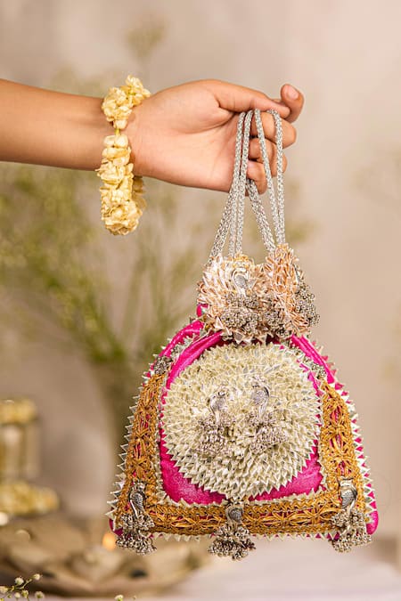 Shop 5elements Pink Embroidery, Zari Designer Potli Bag at Aza Fashions Shop_5elements_Pink Embroidery, Zari Designer Potli Bag _at_Aza_Fashions