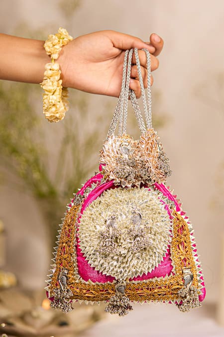 5elements Pink Embroidery, Zari Designer Potli Bag 