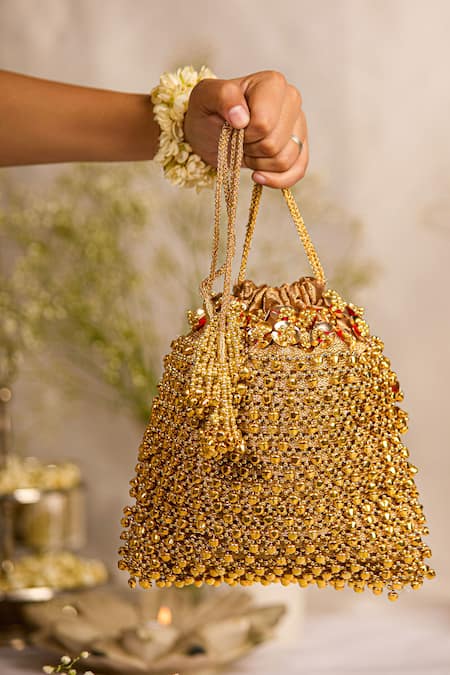 5elements_Gold Beads, Sequins Designer Brocade Potli Bag _at_Aza_Fashions