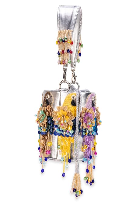 5elements_Silver Embroidery, Tassels, Applique Mahiya Embellished Potli Handbag _Online_at_Aza_Fashions