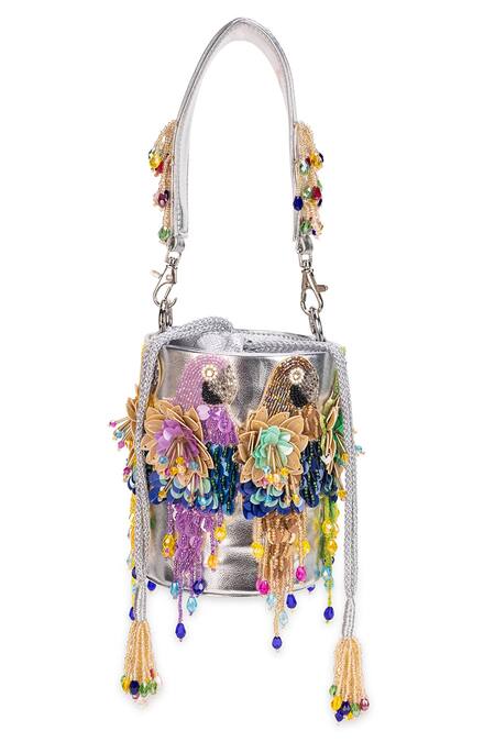 Buy_5elements_Silver Embroidery, Tassels, Applique Mahiya Embellished Potli Handbag _Online_at_Aza_Fashions