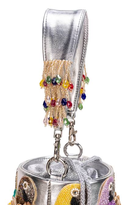 Shop_5elements_Silver Embroidery, Tassels, Applique Mahiya Embellished Potli Handbag _Online_at_Aza_Fashions