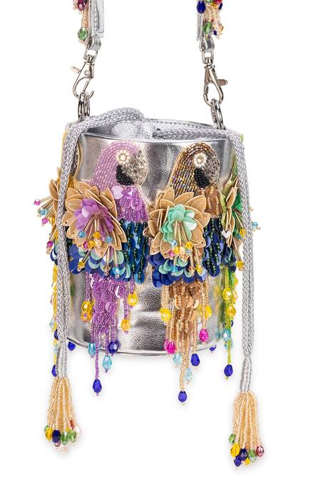 5elements_Silver Embroidery, Tassels, Applique Mahiya Embellished Potli Handbag _at_Aza_Fashions