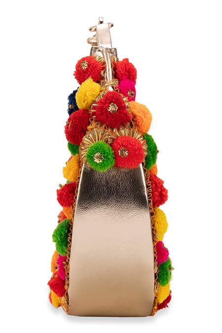 5elements_Multi Color Pom-poms, Fabric Flowers Designer Handbag _Online_at_Aza_Fashions