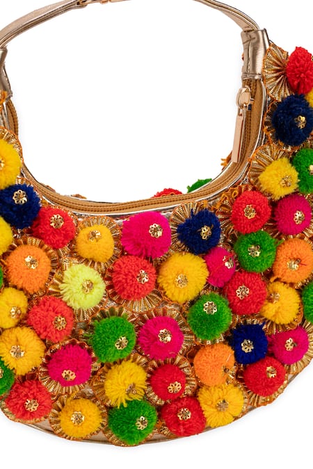 Buy_5elements_Multi Color Pom-poms, Fabric Flowers Designer Handbag _Online_at_Aza_Fashions