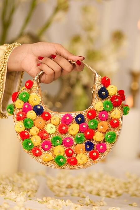 5elements_Multi Color Pom-poms, Fabric Flowers Designer Handbag _at_Aza_Fashions