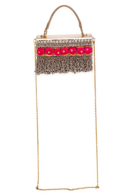 5elements_Gold Pom-poms, Fringe Pompom Handbag _Online_at_Aza_Fashions