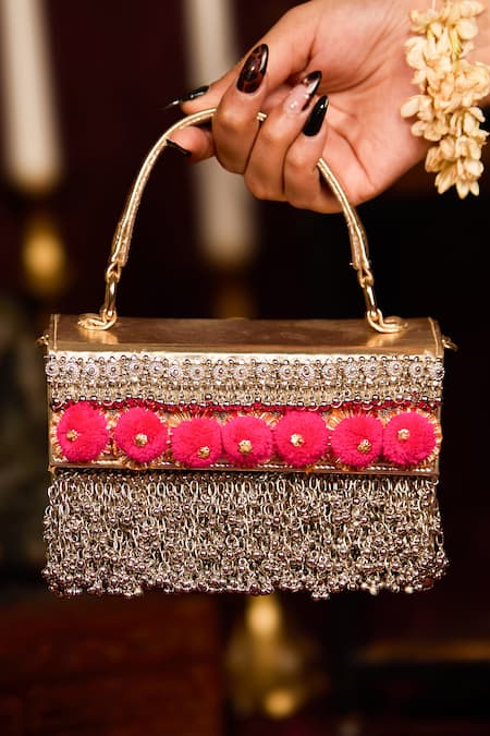 5elements Gold Pom-poms, Fringe Pompom Handbag 