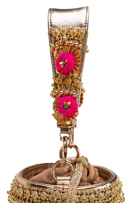 5elements Gold Zari, Tassels, Fabric Flowers Pompom Handbag Online at Aza Fashions 5elements_Gold Zari, Tassels, Fabric Flowers Pompom Handbag _Online_at_Aza_Fashions