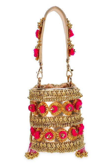 Shop 5elements Gold Zari, Tassels, Fabric Flowers Pompom Handbag Online at Aza Fashions Shop_5elements_Gold Zari, Tassels, Fabric Flowers Pompom Handbag _Online_at_Aza_Fashions