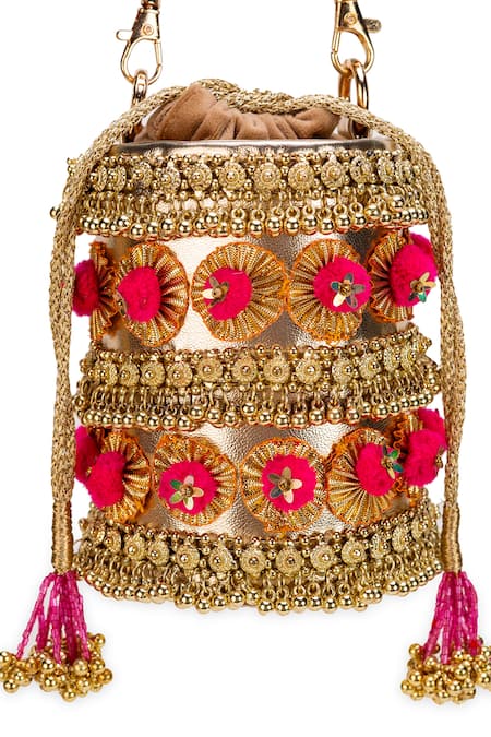 Buy 5elements Gold Zari, Tassels, Fabric Flowers Pompom Handbag Buy_5elements_Gold Zari, Tassels, Fabric Flowers Pompom Handbag
