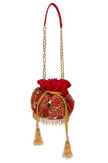 Buy_5elements_Red Beads, Tassels Charmy Potli Bag _Online_at_Aza_Fashions