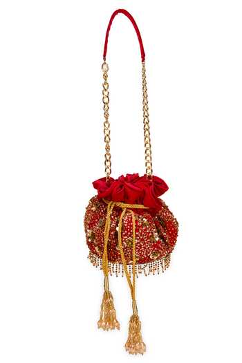 Shop_5elements_Red Beads, Tassels Charmy Potli Bag _Online_at_Aza_Fashions