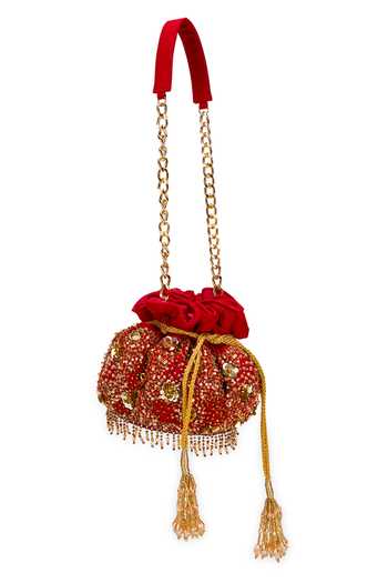 5elements_Red Beads, Tassels Charmy Potli Bag _at_Aza_Fashions