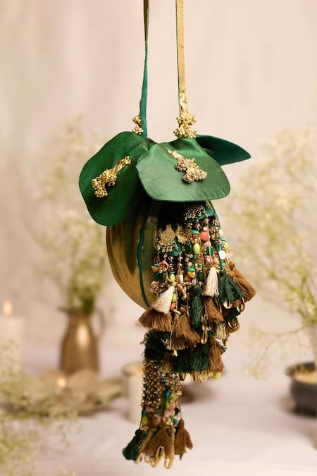 Buy_5elements_Green Tassels, Beads Vanalika Designer Potli Bag _Online_at_Aza_Fashions
