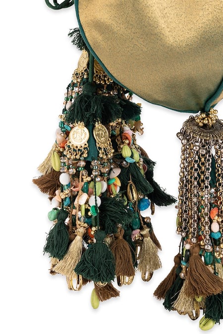 5elements_Green Tassels, Beads Vanalika Designer Potli Bag _at_Aza_Fashions