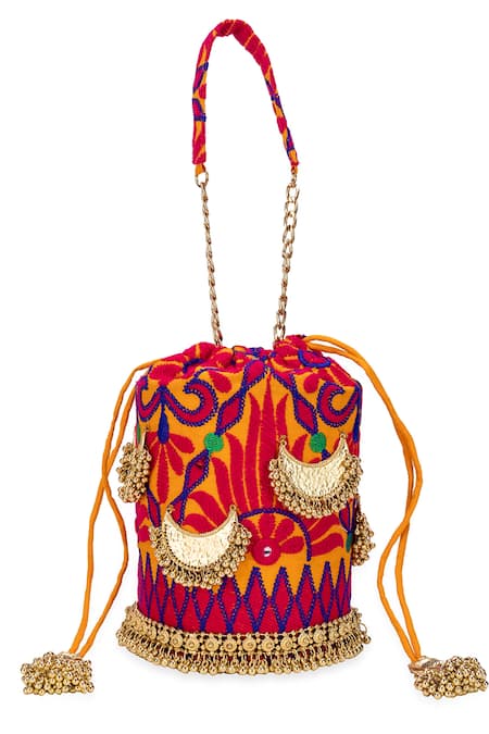 Shop_5elements_Mustard Chains, Tassels Designer Niyati Orange Potli Bag _Online_at_Aza_Fashions