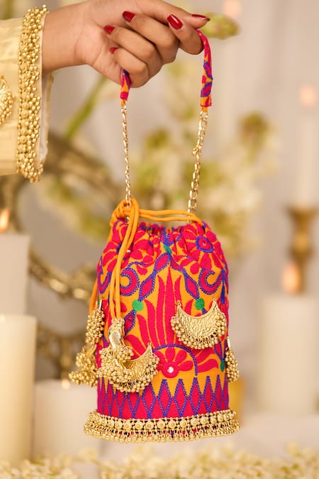 5elements_Mustard Chains, Tassels Designer Niyati Orange Potli Bag _at_Aza_Fashions