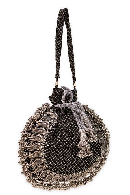 5elements_Black Embroidery, Tassels Designer Zia Potli Bag _Online_at_Aza_Fashions