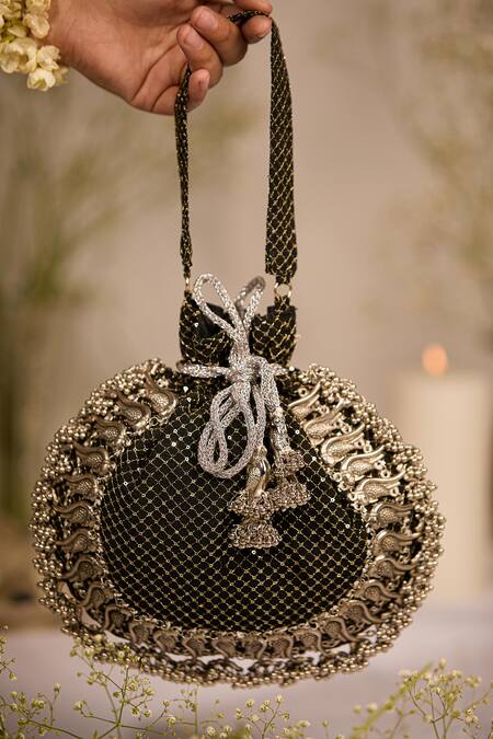 Shop_5elements_Black Embroidery, Tassels Designer Zia Potli Bag _Online_at_Aza_Fashions