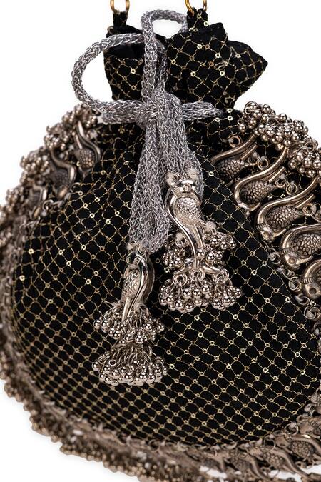 5elements_Black Embroidery, Tassels Designer Zia Potli Bag _at_Aza_Fashions