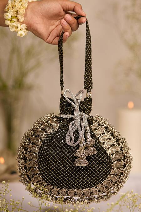 Buy_5elements_Black Embroidery, Tassels Designer Zia Potli Bag 