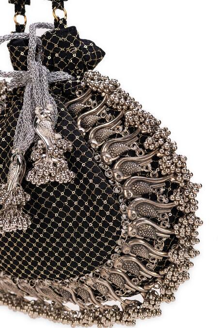 Shop_5elements_Black Embroidery, Tassels Designer Zia Potli Bag 