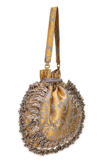 5elements_Gray Tassels Designer Brocade Potli Bag _Online_at_Aza_Fashions