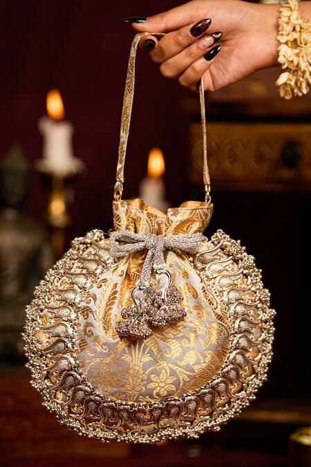 Buy_5elements_Gray Tassels Designer Brocade Potli Bag _Online_at_Aza_Fashions