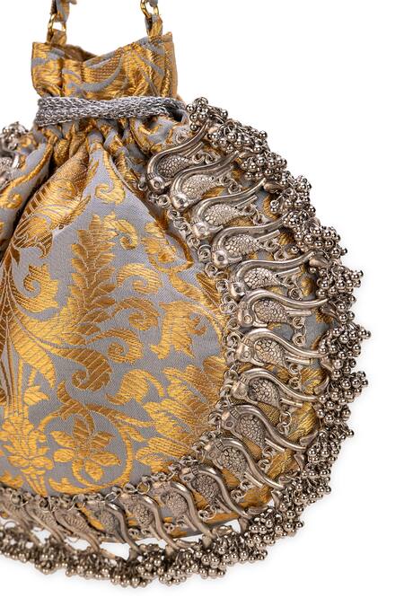 Shop_5elements_Gray Tassels Designer Brocade Potli Bag _Online_at_Aza_Fashions