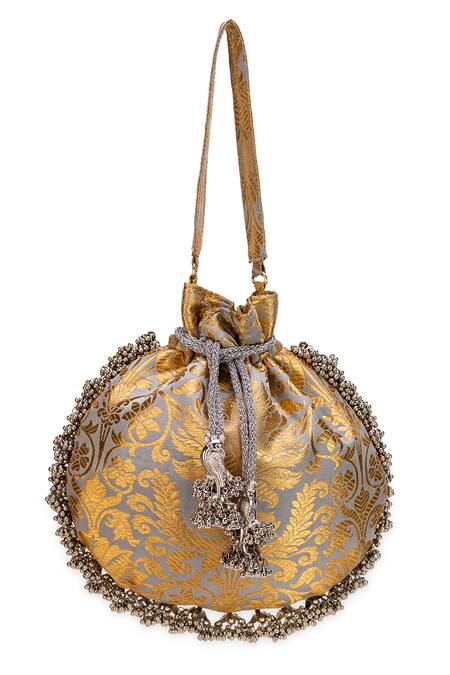 5elements_Gray Tassels Designer Brocade Potli Bag _at_Aza_Fashions