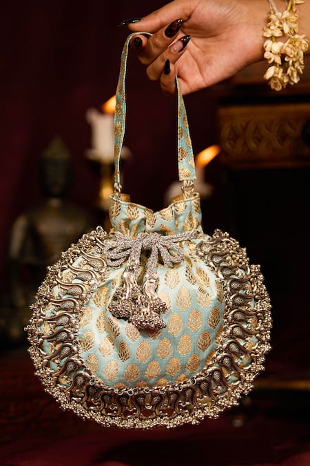 Buy_5elements_Blue Zari, Embroidery Pearl Love Light Potli _Online_at_Aza_Fashions