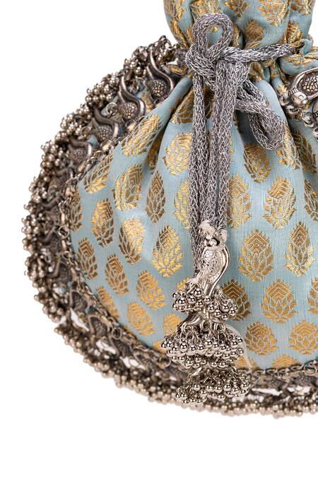 5elements_Blue Zari, Embroidery Pearl Love Light Potli _at_Aza_Fashions