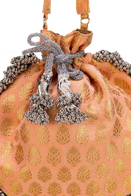 5elements_Peach Tassels Pearl Love Potli Bag _Online_at_Aza_Fashions
