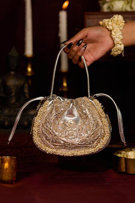 Buy_5elements_Silver Embroidery, Beads Adhika Handbag _Online_at_Aza_Fashions
