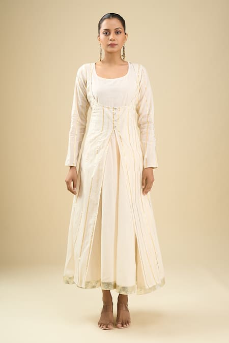 Samyukta Singhania White Chinon, Georgette Embroidery Round Neck Anarkali Suit Set at Aza Fashions Samyukta Singhania_White Chinon, Georgette Embroidery Round Neck Anarkali Suit Set _at_Aza_Fashions