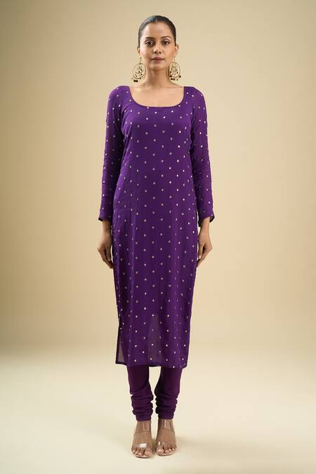 Naintara Bajaj_Purple Georgette, Cotton Embroidery Scoop Neck Stripe Gown Suit Set _at_Aza_Fashions