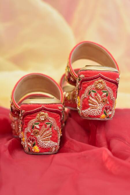 Buy_Around Always_Red Embroidery Angan Wedge With _Online_at_Aza_Fashions