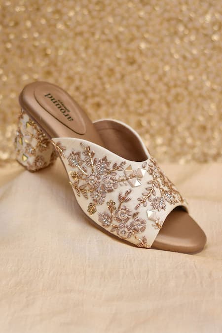 Buy_Around Always_Gold Embroidery Buttercup Heels _Online_at_Aza_Fashions