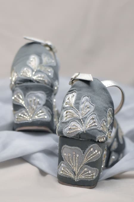 Around Always_Gray Embroidery Grey Esme Wedges _Online_at_Aza_Fashions