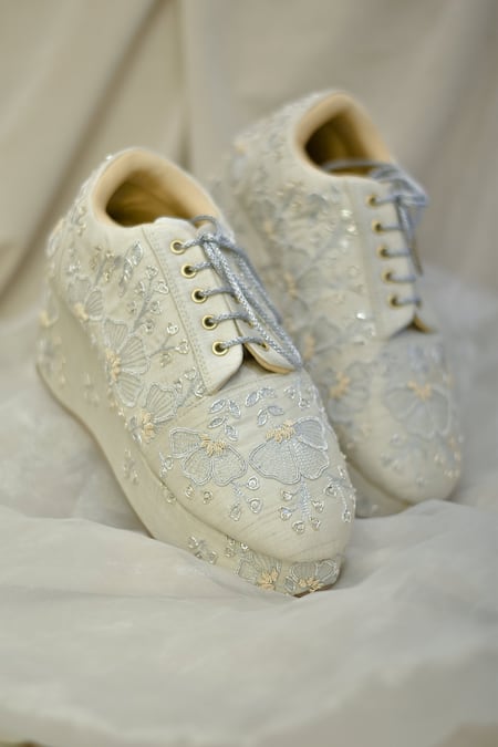 Around Always Silver Embroidered Peonies Sneakers Online at Aza Fashions Around Always_Silver Embroidered Peonies Sneakers _Online_at_Aza_Fashions
