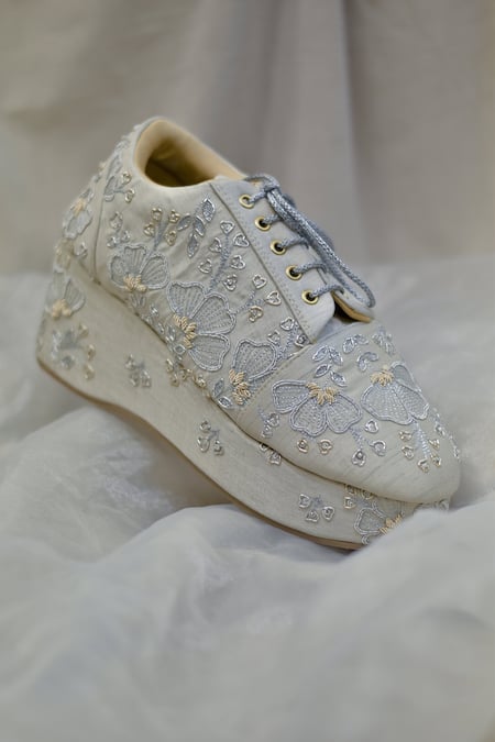 Shop Around Always Silver Embroidered Peonies Sneakers at Aza Fashions Shop_Around Always_Silver Embroidered Peonies Sneakers _at_Aza_Fashions