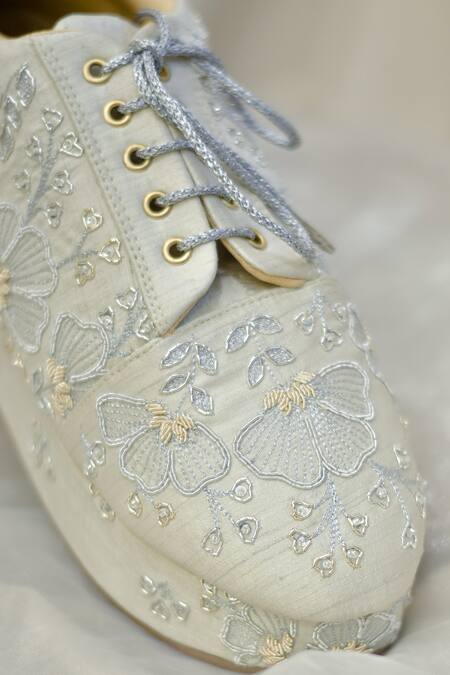 Shop Around Always Silver Embroidered Peonies Sneakers Online at Aza Fashions Shop_Around Always_Silver Embroidered Peonies Sneakers _Online_at_Aza_Fashions