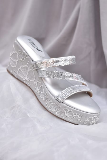 AROUND ALWAYS Silver Sequins, Embroidery Peonies Designer Wedges 